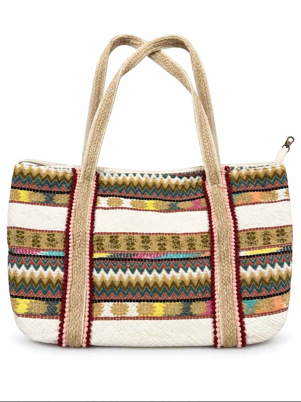 Boho Woven Stripe Tote Bag in White and Multicolor Made in India Ethnic Print